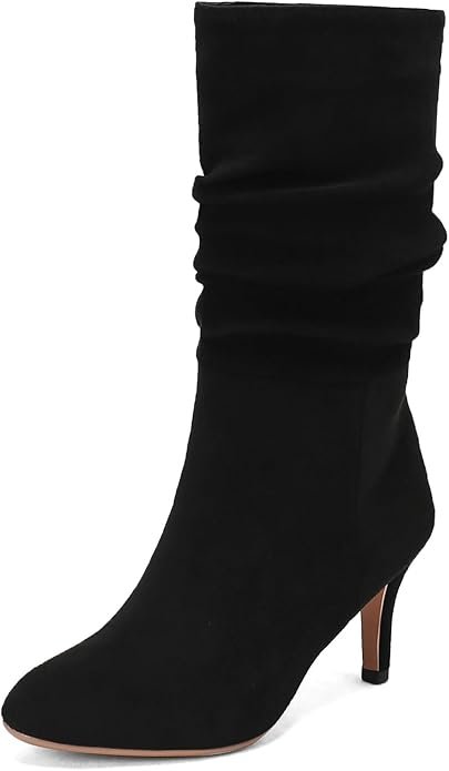 Women Suede Slouch Boots – Mid Calf Kitten Heel, Soft Fur Lining, Pull-On Winter Fashion Boots