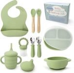 Silicone Baby Weaning & Feeding Set – BPA Free, 10 Pcs Set Includes Adjustable Bib, Suction Bowl, Suction Plate with Lid, 3 in 1 Cup, Fresh Fruit Feeder, Spoons and Forks (Green)