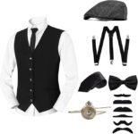 1920s Mens Costume, Peaky Blinders Costume Roaring 20s Costumes for Men Great Gatsby Gangster Vest Bow Tie Newsboy Hat Pocket Watch Suspenders 1920s Mens Outfit Accessories Set