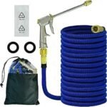 50FT Expandable Garden Hose,5-in-1 Flexible Water Hose with High-Pressure Metal Water Gun,4 Layer Latex and 3/4” Solid Brass Fitting, Heavy Duty Hose Pipe for Gardening,Car Washing,Walls and Floor