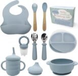 Silicone Baby Weaning & Feeding Set – BPA Free, 10 Pcs Set Includes Adjustable Bib, Suction Bowl, Suction Plate with Lid, 3 in 1 Cup, Fresh Fruit Feeder, Spoons and Forks (Dusty Blue)