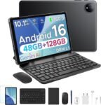 P10 10.1 Inch Android 16 Tablet with Keyboard & Pen, 48GB RAM + 128GB ROM, 7000mAh Battery, 90Hz Display, Gemini AI, Unisoc T310, Dual Speakers, WiFi Tablet with Case, Blue