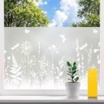 Frosted Window Film Privacy 44.5x200cm, Floral Pattern Privacy Window Film for Glass Windows Static Cling Opaque Decorative Glass Film No Glue Easy to Apply for Bathroom Home Office
