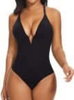 SHAPERIN Women’s Deep V Neck Bodysuit – Double-Lined Plunge Tummy Control Shapewear Thong Bodysuit, Backless Cami Tank
