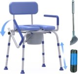 Drop Arm Bedside Commode Chair with Padded Seat and Backrest Adjustable Height Portable Toilet for Adults Seniors, 350 lbs Weight Capacity, Splash Guard, Easy Cleaning