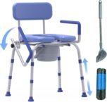 Drop Arm Bedside Commode Chair with Padded Seat and Backrest Adjustable Height Portable Toilet for Adults Seniors, 350 lbs Weight Capacity, Splash Guard, Easy Cleaning