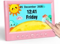 fun and practical kids’ digital alarm clock designed to make bedtime and morning routines easier. Featuring a large 7-inch touchscreen, customizable reminders, countdown timers, soothing sounds, and cute cartoon wallpapers, it’s perfect for children’s bedrooms.