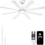 60-Inch White Ceiling Fan Without Light, 8-Blade Modern Outdoor Ceiling Fan with Remote & APP Control, 5980 CFM Powerful Airflow, Quiet Reversible DC Motor, Smart WiFi Fan for Indoor & Covered Patio, Sunroom & Screen Porch