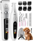 iBTC Professional Dog Grooming Kit for Home – All-in-One Quiet Cordless Clippers & Nail Grinder with LED Light, Safe Pet Hair Trimmer for Paws, Face, Ears & Body (White Combo)