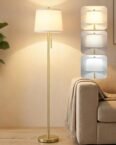 JUNNAI 63” Modern Floor Lamp – Elegant Gold Standing Lamp with Lampshade, 3 Color Temperatures, E27 Socket, Ideal for Living Room, Bedroom & Office (9W Bulb Included)