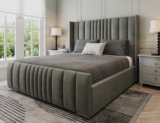 Manhattan King Size Bed Frame 5ft – Luxury Grey Plush Velvet Upholstered Bed with Panelled Headboard, Strong Wooden Slats, Modern Bedroom Furniture