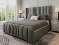 Manhattan King Size Bed Frame 5ft – Luxury Grey Plush Velvet Upholstered Bed with Panelled Headboard, Strong Wooden Slats, Modern Bedroom Furniture