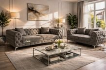 Snooze Velvet Monaco Sofa Set – Luxury 3+2 Seater Couch in Coffee Grey, Plush Upholstered Fabric, Modern Living Room Furniture Set