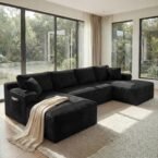 133″ U-Shaped Modular Sectional Sofa, Corduroy Boneless Couch, Black