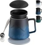 PluieSoleil Tea Infuser Mug with Lid Porcelain Tea Mug Loose Leaf Tea Cup Handmade for Tea Lovers Navy B