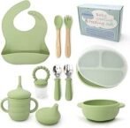 Silicone Baby Weaning & Feeding Set – BPA Free, 10 Pcs Set Includes Adjustable Bib, Suction Bowl, Suction Plate with Lid, 3 in 1 Cup, Fresh Fruit Feeder, Spoons and Forks (Green)