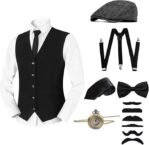 1920s Mens Costume, Peaky Blinders Costume Roaring 20s Costumes for Men Great Gatsby Gangster Vest Bow Tie Newsboy Hat Pocket Watch Suspenders 1920s Mens Outfit Accessories Set