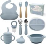 Silicone Baby Weaning & Feeding Set – BPA Free, 10 Pcs Set Includes Adjustable Bib, Suction Bowl, Suction Plate with Lid, 3 in 1 Cup, Fresh Fruit Feeder, Spoons and Forks (Dusty Blue)