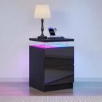 Modern RGB LED Bedside Table with 2 Drawers – Black Nightstand with Charging Station, Stylish Side Table for Bedroom & Living Room (1 Pack)