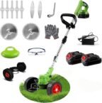 Cordless Garden Strimmers,Electric Cordless 21v Grass Strimmer with 2 X 2000mAh Battery, Adjustable Metal Blades,Garden Trimmer Telescopic Lightweight with Roller for Gardens,Park Lawns (Green)