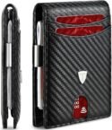 Mens Wallets Slim RFID Blocking, Carbon Fiber Wallet with 12 Credit Card Holder, Strong Money Clip & ID Window Minimalist Bi-Fold Wallets for Men UK with Gift Box – Black
