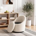 Barrel Swivel Accent Chair with Hidden Storage, 360° Rotating Lounge Chair, Upholstered Breathable Fabric Chair, High-Density Foam Seat, Modern Round Armchair for Living Room, Bedroom & Reading Corner, Beige