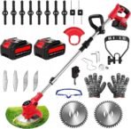 Cordless Garden Strimmer 21V Electric Grass Trimmer with 2 x 2000mAh Batteries, Adjustable Telescopic Shaft, Metal Blades, Lightweight Lawn Edger with Roller for Garden & Park Lawns (Silver)